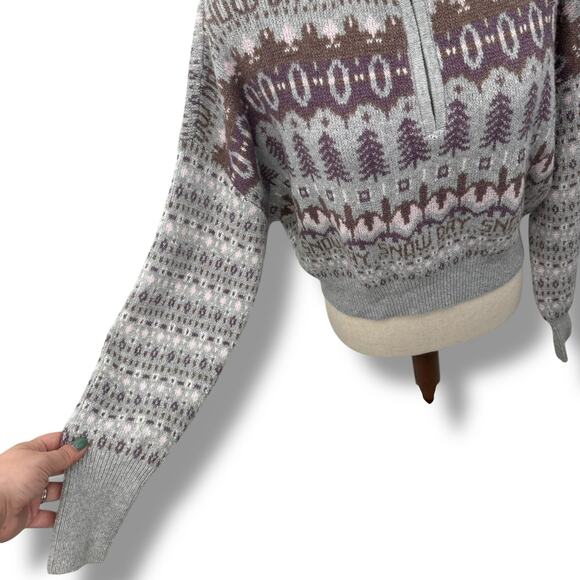 NEW Sugar Moon Quarter Zip Sweater gray Purple Winter Print Size L Large Knit - Picture 4 of 11
